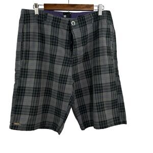 DC Mens Chino Shorts Gray Black Purple Plaid Flat Front Casual Pockets 34 *FLAW*